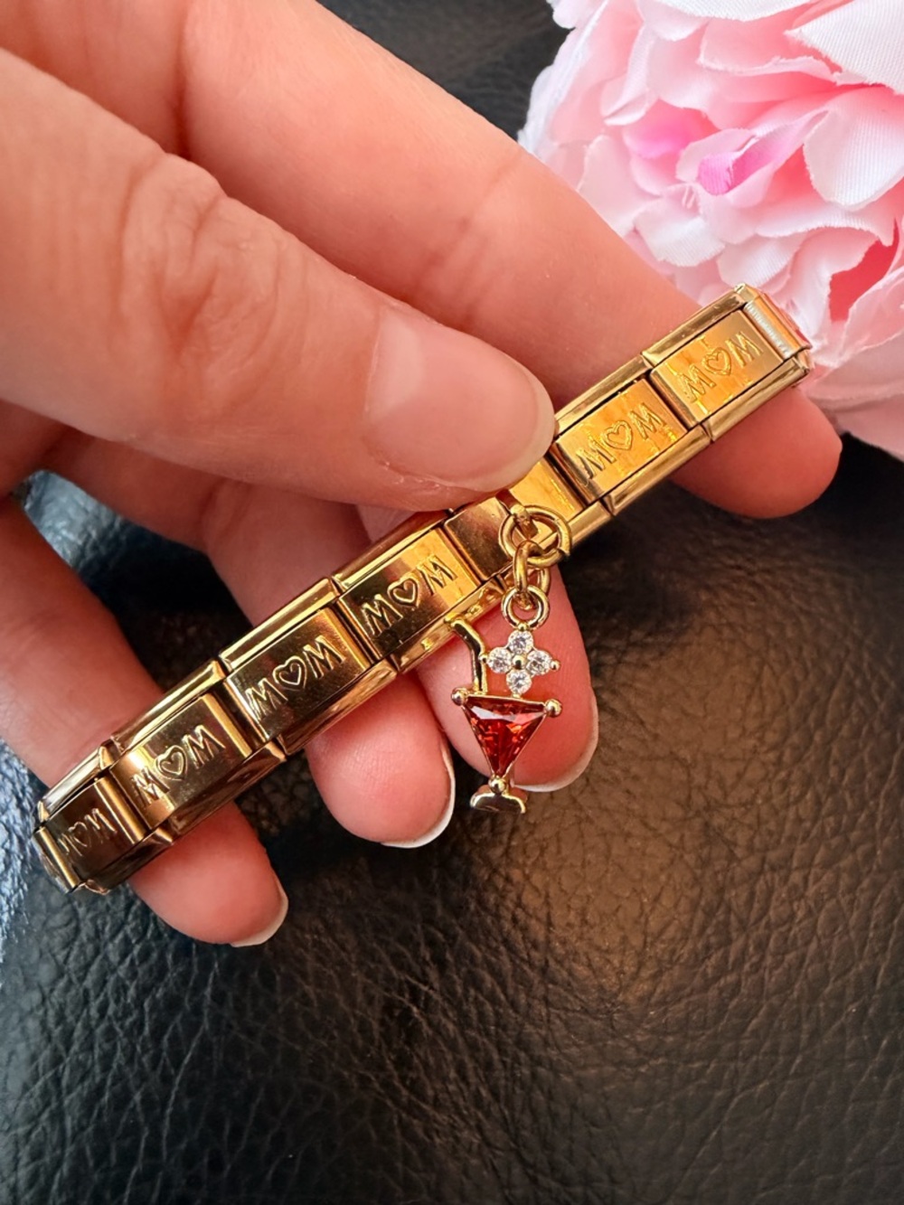 Gold Tone “MOM” Italian Charm Bracelet with Red Cocktail Glass Dangle